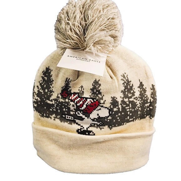 American Eagle Peanuts Snoopy White Hat Beanie Cuff Pom Pom NWT - Picture 1 of 4